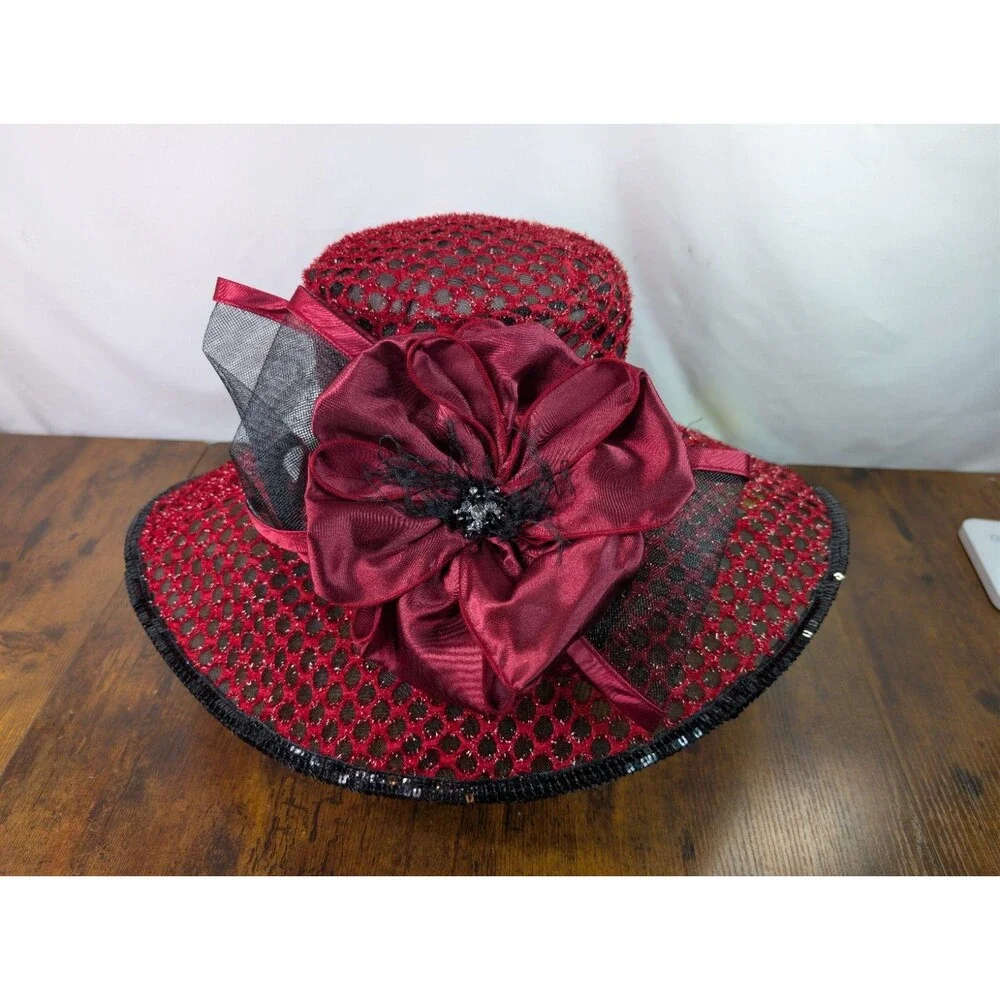 NWT FS Professional Ladies Hat Red Black Wide Brim Kentucky Derby Church Tea
